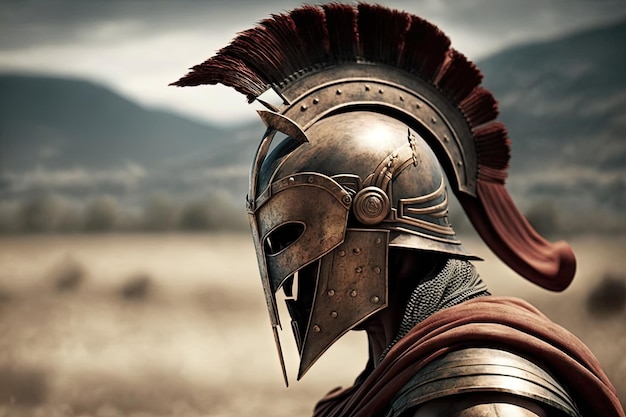 Spartan soldier illustration with helmet and battlefield in background Generative AI