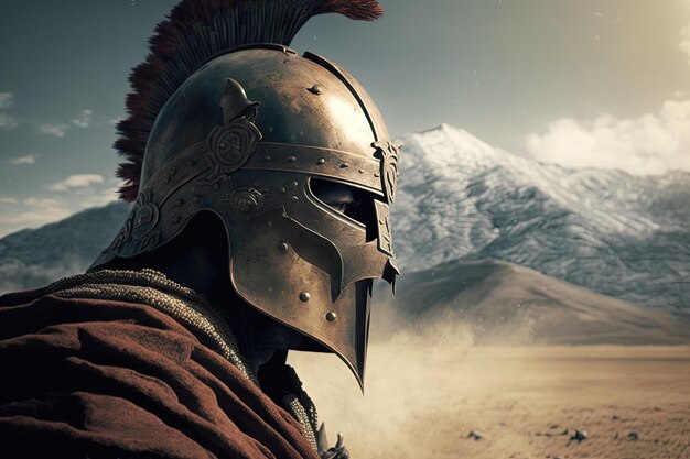 Spartan soldier illustration with helmet and battlefield in background Generative AI