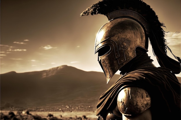 Spartan soldier illustration with helmet and battlefield in background. Generative AI