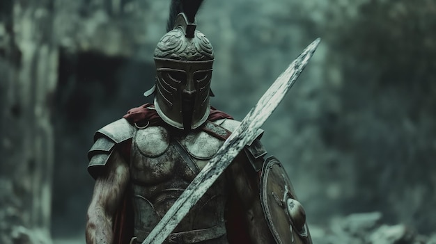 Спартанский воин размахивает мечом и щитом, готовый к битве.