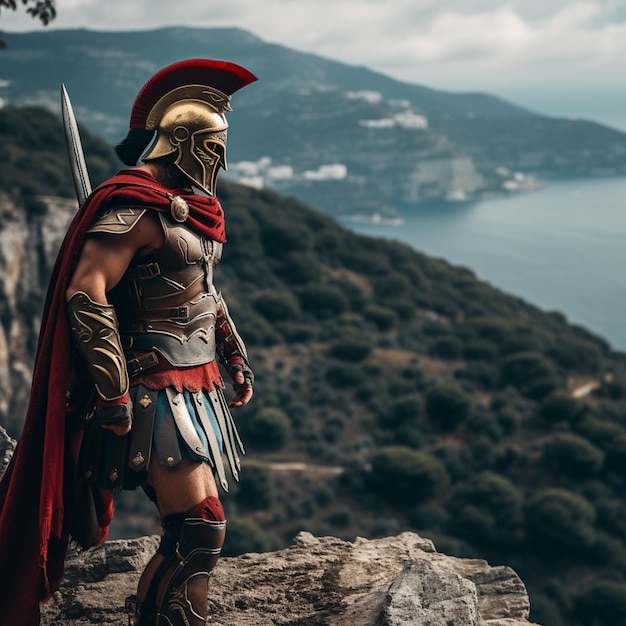 Photo spartan warrior in a leather suit and helmet