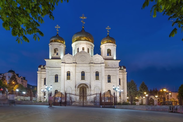 Spassky cathedral in pyatigorsk city center in evening russia