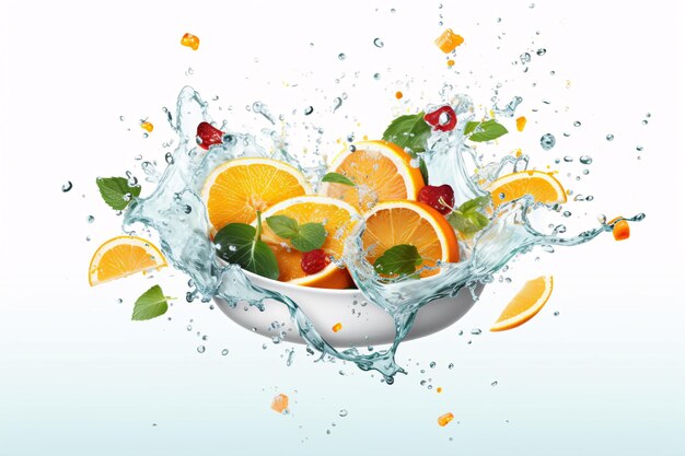 spat water gemengd met muntbladeren en sinaasappel in een schaal met witte achtergrond
