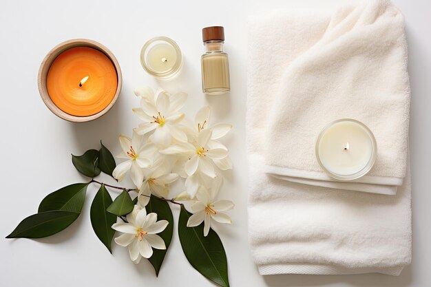 Photo a spathemed arrangement featuring sea salt fragrant orange blossoms soothing spa candles and a s
