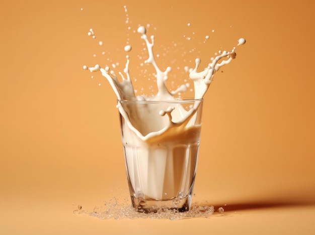 Spatten melk in een glas op beige achtergrond