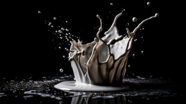 Spatten melkmelk op een glaszwarte achtergrond Gegenereerd door AI