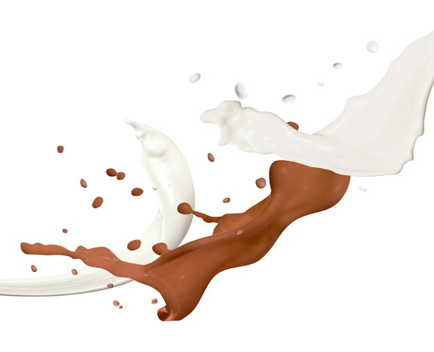 Spatten van chocolademelk en gewone melk die zich vermengen op een witte achtergrond