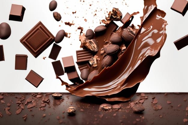 Spattende en zwevende chocoladestukjes en snoepjes