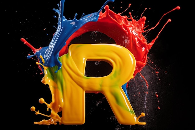 Foto spattende verf in primaire kleuren logo letter r valt in het midden