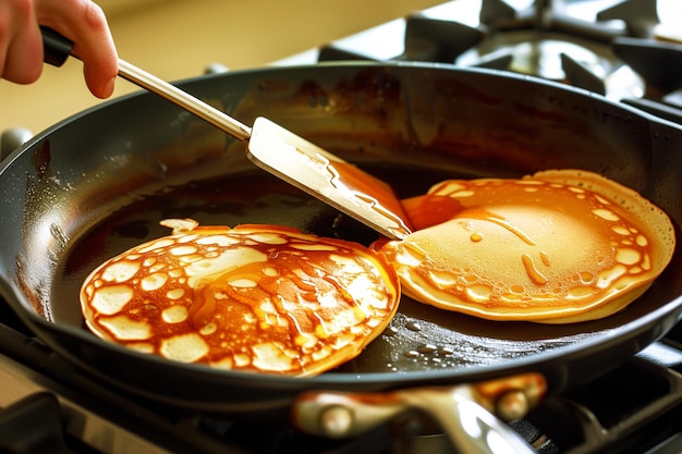 Foto spatula in de hand, gouden pannenkoek op de pan.