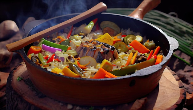 Spatula rice vegetables meat in a cauldron with pork home Healthy cooking with fresh vegetables