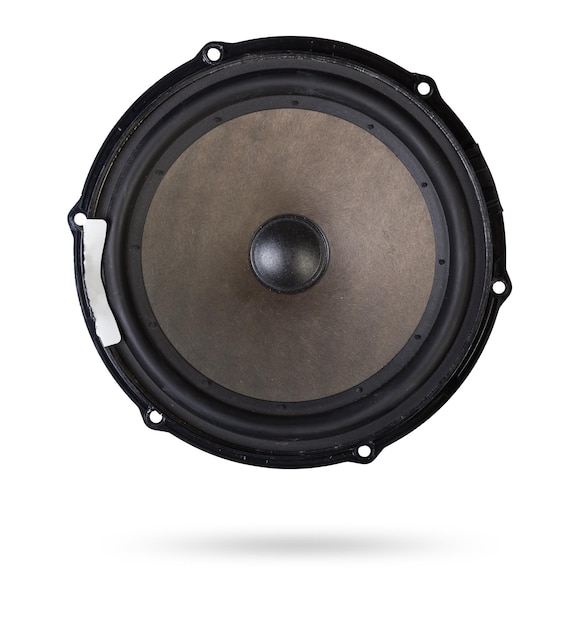 speaker of an acoustic system an audio for playing music in a car interior on a white isolated background in a photo studio Spare parts for auto repair in a workshop or for sale for tuning