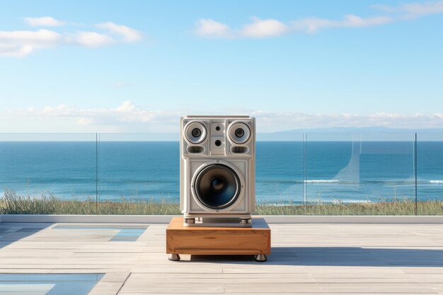 A speaker on a beach house rooftop with the ocean view behind