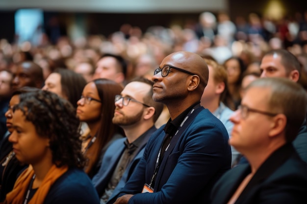 Speaker at business conference and presentation audience at the conference hall business and entrepreneurship a diverse audience listening intently to a keynote address ai generated