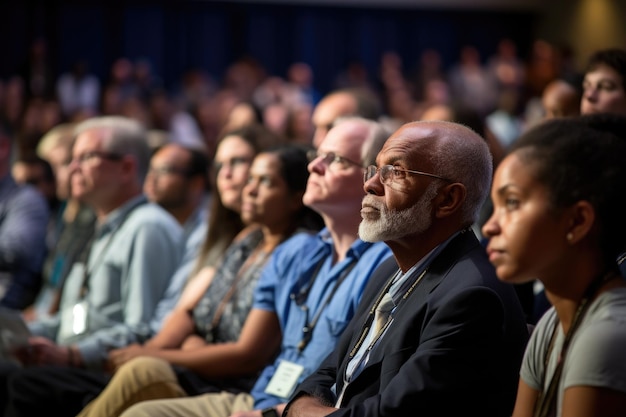 Photo speaker at business conference and presentation audience in the conference hall a diverse audience listening intently to a keynote address ai generated