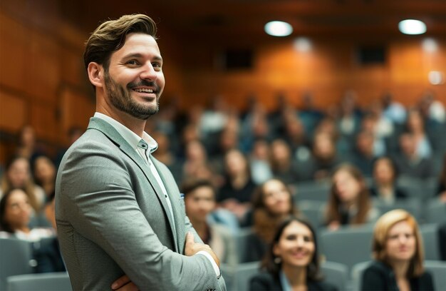 Foto relatore alla conferenza aziendale e alla presentazione il pubblico nella sala conferenze