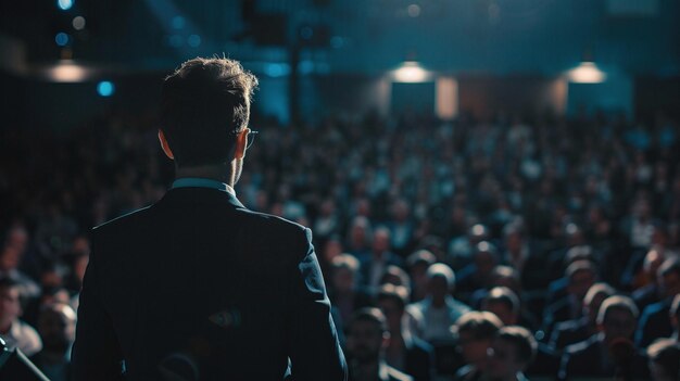 スピーカーが起業家活動について講演している会議ホールで聴衆の中で認識できない人々
