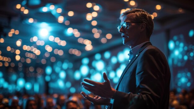 Speaker giving a talk on stage at a business conference or seminar