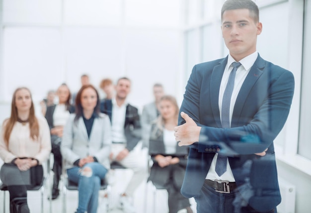 Speaker is asking a question during a business seminar