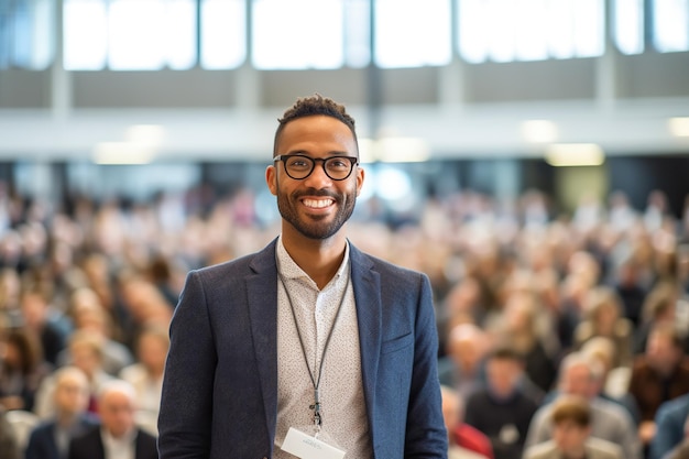 A speaker man is presenting at a conference in a modern hall The speaker is confident and knowledgeable captivating the audience with their presentation Generative AI