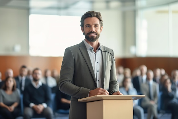 Un oratore sta presentando a una conferenza in una sala moderna l'oratore è fiducioso e ben informato e affascina il pubblico con la sua presentazione ia generativa