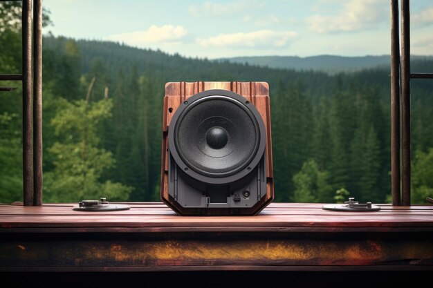 Foto un altoparlante su un tetto di legno rustico con una foresta sullo sfondo