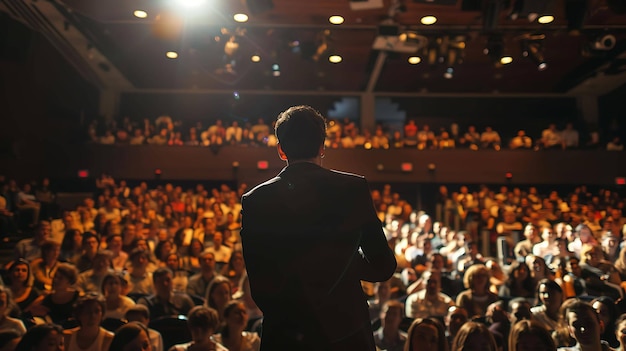 A speaker standing on a stage in front of a large audience The speaker is wearing a suit and tie and is holding a microphone