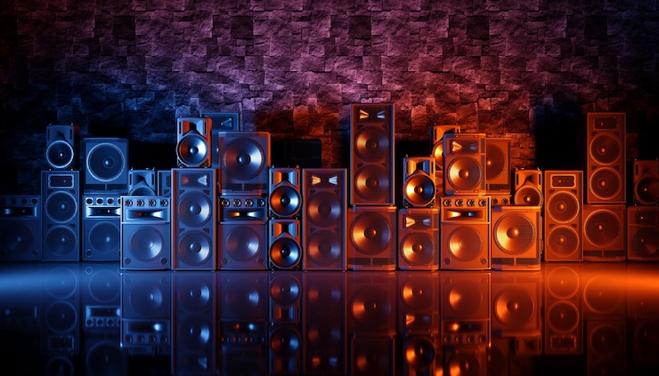 Photo speaker system on a black background in blue and orange lighting, 3d illustration