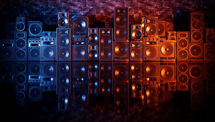 Photo speaker system on a black background in blue and orange lighting, 3d illustration