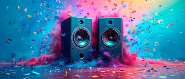 Speaker system for music in colorful background Sound and audio equipment