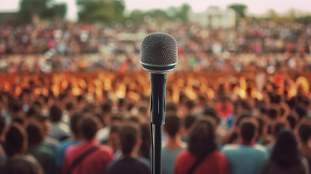 A speaker with microphone in front of audiences back view Generative AI