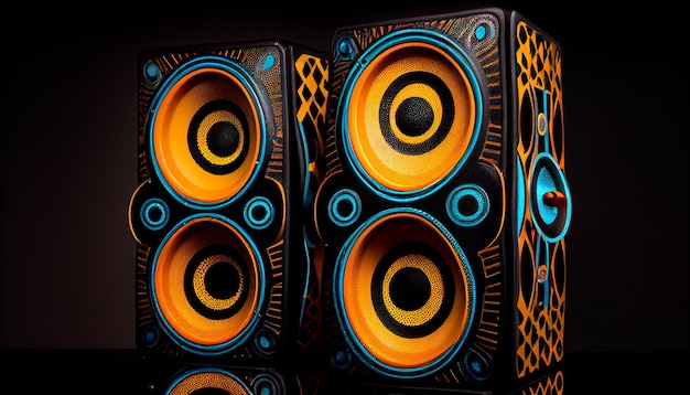 Speakers in a geometric pattern of orange blue and yellow shapes on a black background with a black border Generative AI