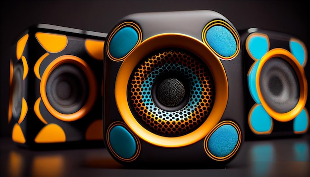 Speakers in a geometric pattern of orange blue and yellow shapes on a black background with a black border Generative AI