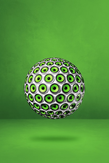 Sfera di altoparlanti isolata su uno sfondo verde studio. illustrazione 3d