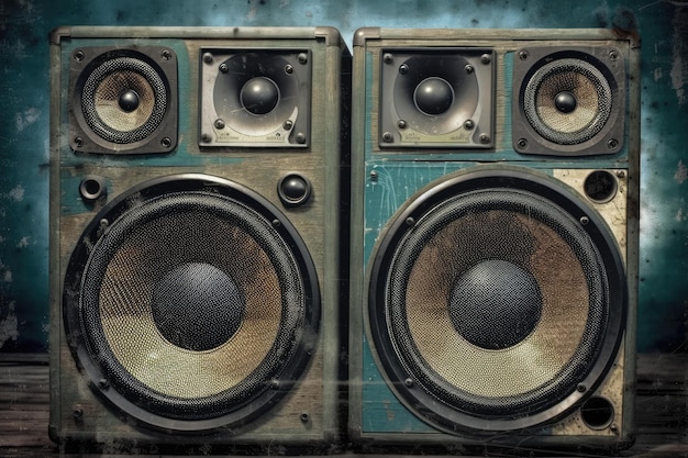 Speakers on wooden floor