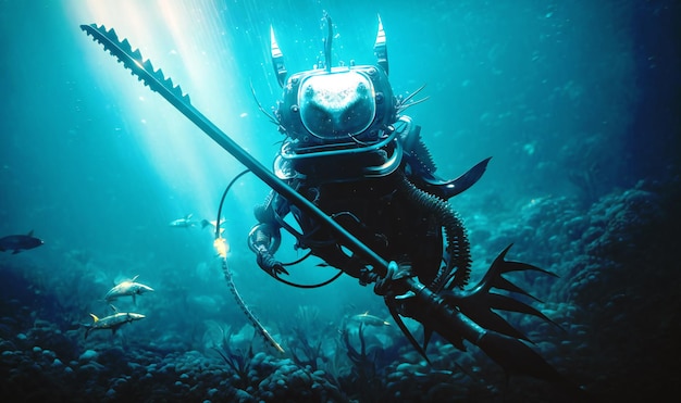 Photo a spearfishing robot braves the depths of the sea to catch its prey