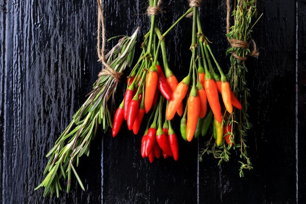 Specerijen en kruiden bos kruiden hete peper rozemarijn tijm hout achtergrond Cover kookboek achtergrond