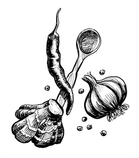 Specerijen inkt zwart-wit tekening
