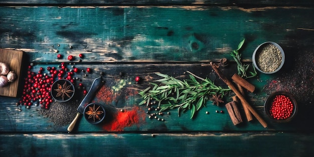 Foto specerijen op donkere houten tafel achtergrond