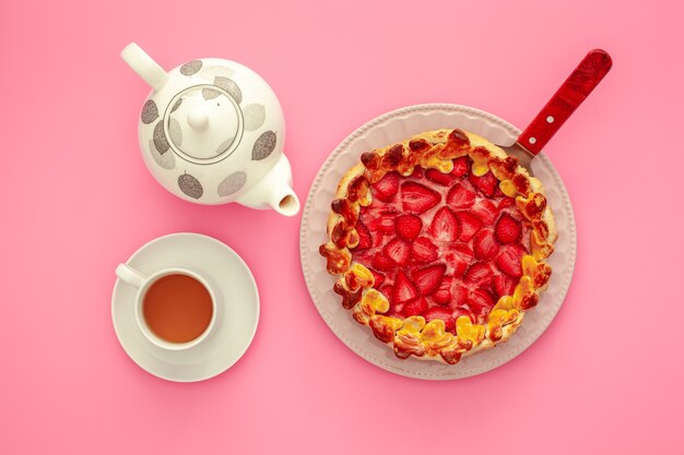 Special breakfast with strawberry pie and tea