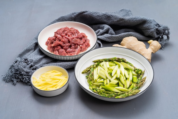 Special Chinese Sichuan Stir-Fried Vegetables, Asparagus, Stir-fried Beef and Ingredients