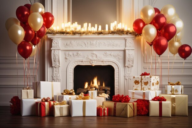 A special Christmas arrangement fireplace candles golden balloons gifts