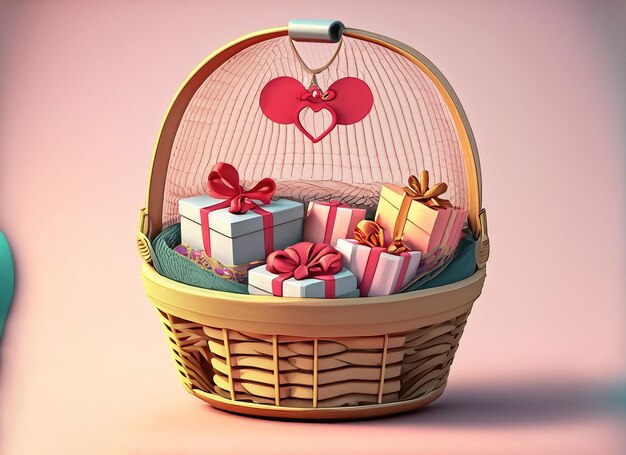 Photo special decorated basket with gifts for loved ones