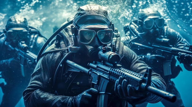 Special Forces in Black Wet Suits and Helmets Diving with Firearms