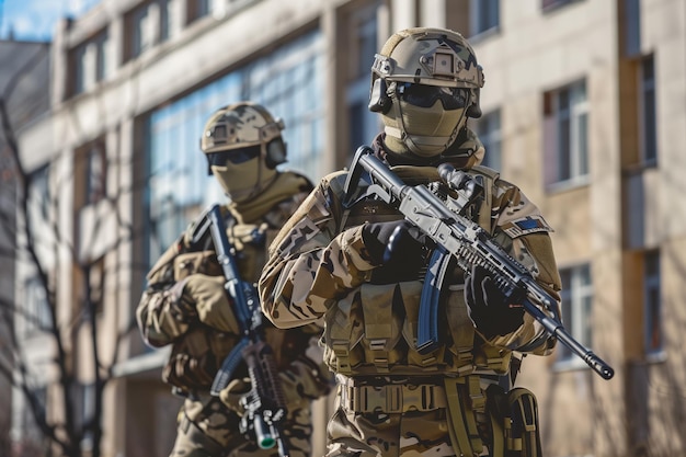 Special forces officers with riffles stand on city street