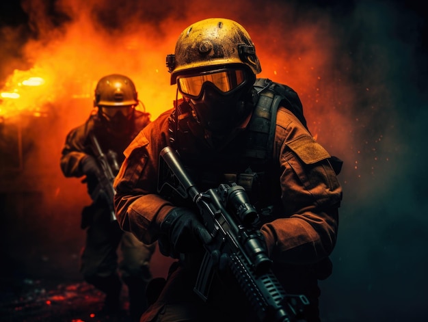 Special forces operators about to strike in night vibrant light