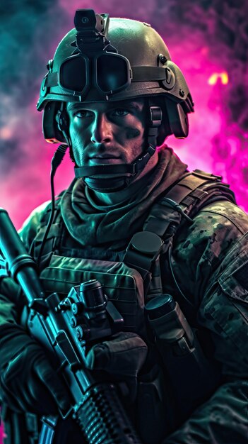 Special Forces-soldaat met een pistool in neonkleur verlicht oorlog en botsingen