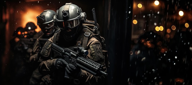 Photo special forces soldier police swat team member in action poster concept for policegenerated with ai security or military