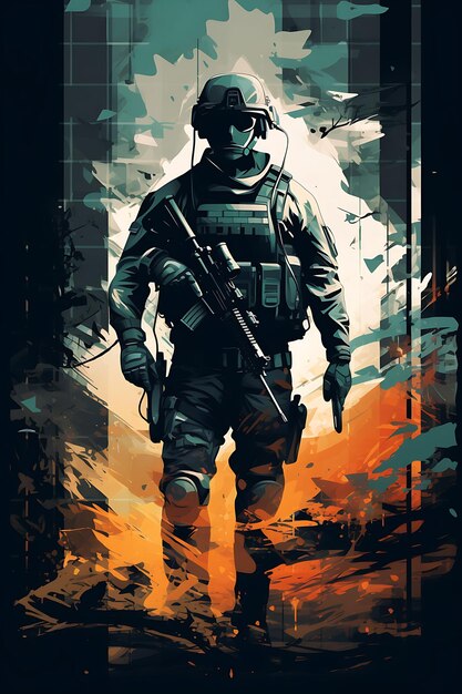 Special Forces Soldier in Urban Warfare Dark and Desaturated Poster Design 2D A4 Creative Ideas