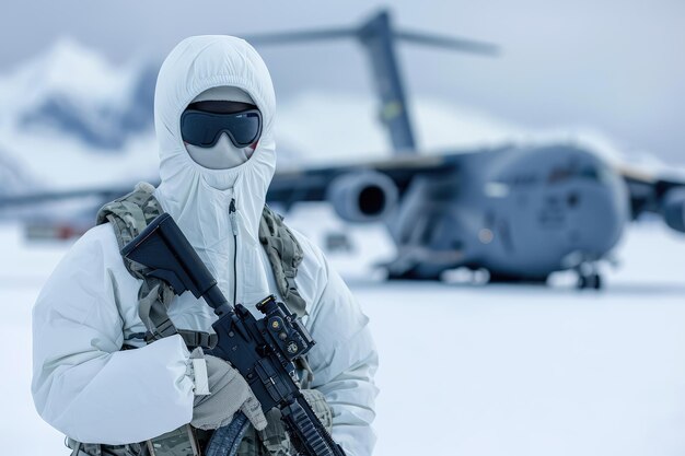 Special forces soldier in winter in the arctic against the backdrop of a military transport aircraft